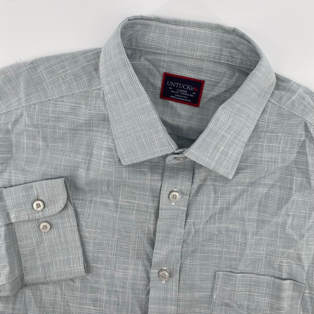 UNTUCKit Button Down Shirt Men Large Light Blue Glen Plaid Slim Fit Wrinkle Free